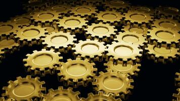 Lot of gears are spinning on black background. Design. Golden rotating gears in virtual space. Surface made of moving gears video