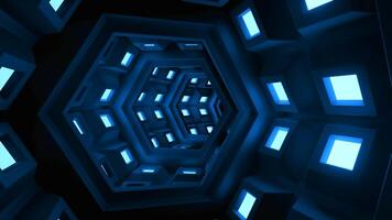 Abstract digital geometric background with futuristic tunnel with glowing neon light. Design. Blue neon hexagonal shaped bending corridor, seamless loop. video