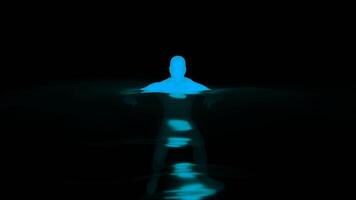 3d man swimming. Design. Fluorescent silhouette of man in water. 3D animation of glowing man floating in water on black background video