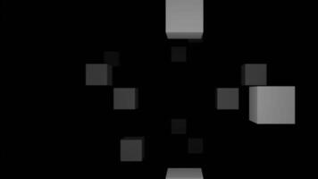 in beweging stroom van 3d kubussen. ontwerp. stroom van kubussen vliegend uit van duisternis. 3d kubussen zijn vliegend in stroom Aan zwart achtergrond video