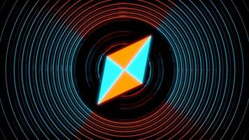 A bright abstraction from the circle .Design. In the center of the circle is a rhombus that rotates clockwise and around it is an outline of blue and orange circles with light . video