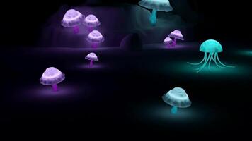 Blue jellyfish in abstraction. Design.Jellyfish walk next to pink mushrooms. video