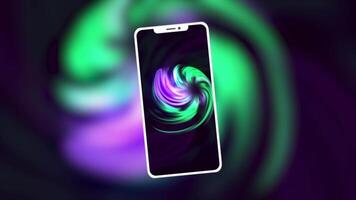 Smartphone or mobile phone on gradient swirling background. Motion. A phone with the pattern of spiral shaped tornado in purple and green colors. video