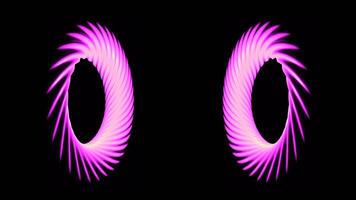 Spinning same size bagels. Design. Abstract rotating symmetric rings with striped surface isolated on a black background, seamless loop. video