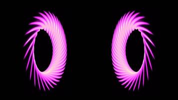 Spinning same size bagels. Design. Abstract rotating symmetric rings with striped surface isolated on a black background, seamless loop. video