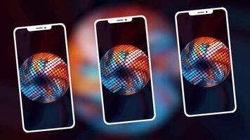 Background. Motion. Three phones on the screensaver of which there are discos and bright funnels with a rich range of colors and in the background a background that shows a brilliant color. video