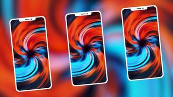 Background. Motion. Three phones on the screensaver of which there are discos and bright funnels with a rich range of colors and in the background a background that shows a brilliant color. video