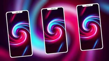 Smartphone oder Handy, Mobiltelefon Telefon auf Gradient wirbelnd Hintergrund. Bewegung. drei Telefone mit das Muster von Spiral- geformt Tornado. video