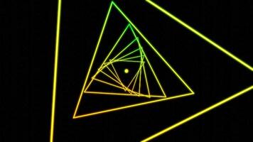 Green neon triangles.Design. Bright geometric shapes move forward creating a tunnel and moving deeper into it video