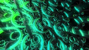 Background. Motion. Bright rings with shades of green and purple color fastened together are spinning in different directions. video