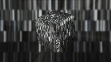 astrazione nel monocromo. movimento. grigio sfondo con bianca raggi e ombre.a grigio cubo nel 3d quello dà via diverso grigio colori e luccica e poi si apre piace un' scatola. video