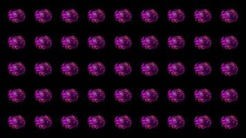 Many abstract 3D spheres in symmetric rows with the pattern of purple waves, seamless loop. Motion. Energy vibrating glowing balls. video
