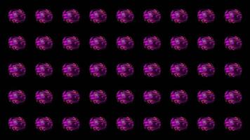 Many abstract 3D spheres in symmetric rows with the pattern of purple waves, seamless loop. Motion. Energy vibrating glowing balls. video