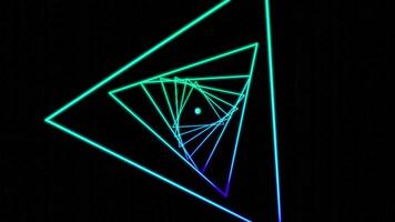 Green neon triangles.Design. Bright geometric shapes move forward creating a tunnel and moving deeper into it video