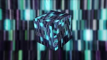 Abstract transforming 3d cube made of blue and turquoise tiles. Motion. Glowing striped moving background with a 3D figure, seamless loop. video