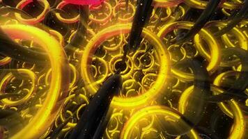 Animation with rotating gold rings in chains. Motion. Lots of golden rings spinning in endless chains. Many chains of rotating gold rings video