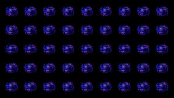 Balls in abstraction. Motion. On a black background, evenly spaced balls in which purple and blue rays are spinning video