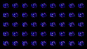 Balls in abstraction. Motion. On a black background, evenly spaced balls in which purple and blue rays are spinning video