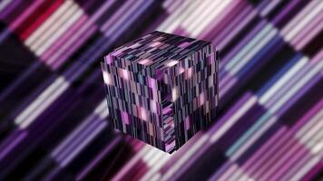 Glowing virtual box. Motion. Empty prize box is revealed in cyberspace. Glowing cube opens in colorful game space video