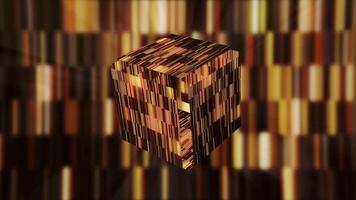 Abstract golden cube falling apart on glowing sun rays background. Motion. Digital shining box with reflective surface. video