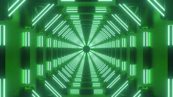 3d groen sci-fi tech tunnel, loopbaar beweging achtergrond. ontwerp. in beweging binnen gloeiend eindeloos wetenschappelijk hal. video