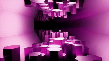 futuristische zeshoekig tunnel in roze kleuren, naadloos lus. ontwerp. buigen gang met zeshoekig vormig pijlers. video
