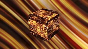 Abstract golden cube falling apart on glowing sun rays background. Motion. Digital shining box with reflective surface. video