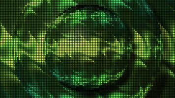 Background in abstraction. Motion. A ball made of small squares and circles shimmers with neon green and red colors video