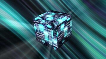 Glowing striped cube in cyberspace. Motion. Shining colorful cube is divided into parts and assembled. Empty cyber cube in virtual space video
