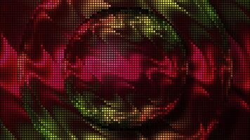 Background in abstraction. Motion. A ball made of small squares and circles shimmers with neon green and red colors video