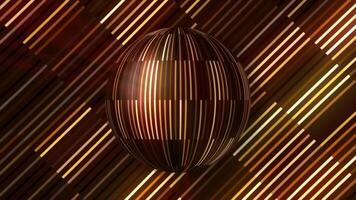 3d ball with stripes rotates on background of striped backdrop. Motion. Rotating ball with shimmering lines on repeating striped background. Shimmering lines on rotating ball and background video