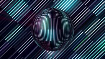 3d ball with stripes rotates on background of striped backdrop. Motion. Rotating ball with shimmering lines on repeating striped background. Shimmering lines on rotating ball and background video