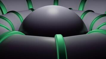 abstrait noir sphère avec 3d noir et vert anneaux tournant dans le différent directions. conception. inhabituel figure dans mouvement. video
