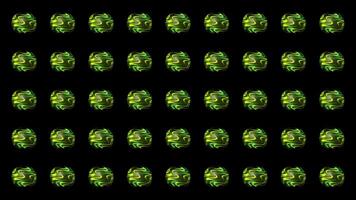 Many abstract 3D spheres in symmetric rows with the pattern of green waves, seamless loop. Motion. Energy vibrating glowing balls. video