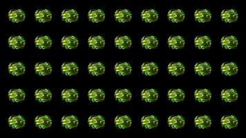 Many abstract 3D spheres in symmetric rows with the pattern of green waves, seamless loop. Motion. Energy vibrating glowing balls. video