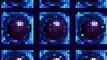 Animation of pixel image in retro style. Motion. Bright animation with image of lot of balls in cells in pixel form. Pixel or mosaic animation image for retro game video