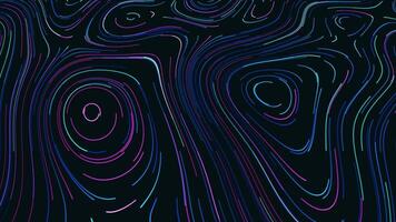 Topographic map of neon lines. Motion. Slowly moving colored lines in stream creating ornament with curved ovals. Topographic retro ornament with neon lines in stream video