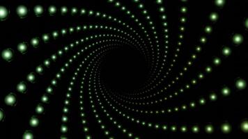 Abstract hypnotic tunnel created by dotted spiral on a black background, seamless loop. Design. Spinning corridor of shining particles. video