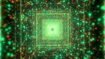 Moving in square cyber tunnel with particles. Motion. Glowing particles in tunnel with neon squares. Square spatial tunnel with flow of colorful particles video