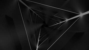 Traffic in triangular tunnel. Design. Movement through black triangular tunnel. Dive into futuristic triangular tunnel video