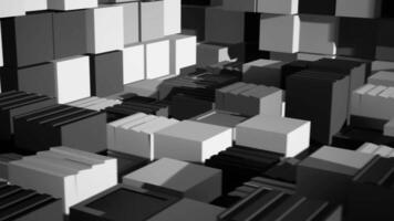 enorme cantidad de al azar acostado negro y blanco cubitos con 3d efecto. animación. masivo de cubo geometría, negro y blanco. video