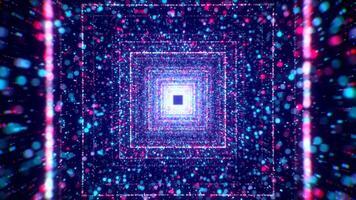 Space tunnel with square neon lines. Motion. Beautiful tunnel with bright colorful particles and neon squares. Dive into a space portal with luminous particles video