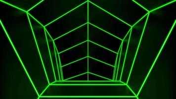 Moving down tunnel with neon lines. Design. Tunnel with bright neon lines highlighting structure. Beautiful 3d tunnel in matrix style video