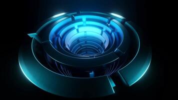 3d túnel de giratorio futurista anillos diseño. futurista 3d anillos con neón ligero girar en negro superficie. túnel de giratorio mecánico anillos en superficie video