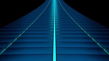 Abstract blue endless digital railroad on a black background. Design. Flying above the bending futuristic railway. video