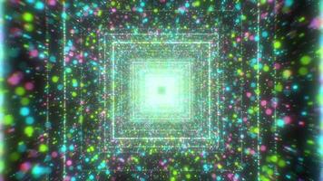 Bright colorful tunnel of glowing particles and squares. Motion. Beautiful space tunnel with shiny particles. Tunnel with square lines and lots of glowing particles video