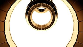 vloeiende dezelfde grootte gouden metaal ringen Aan een wit achtergrond. ontwerp. technologisch ronde vormig tunnel, naadloos lus. video