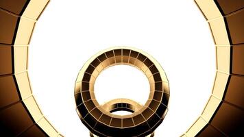 Flowing same size golden metal rings on a white background. Design. Technological round shaped tunnel, seamless loop. video