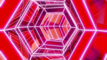 Moving through flashing colored tunnel. Design. Bright 3D tunnel with geometric glass walls and neon lines. Dive into bright psychedelic tunnel video