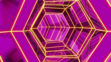 Moving through flashing colored tunnel. Design. Bright 3D tunnel with geometric glass walls and neon lines. Dive into bright psychedelic tunnel video